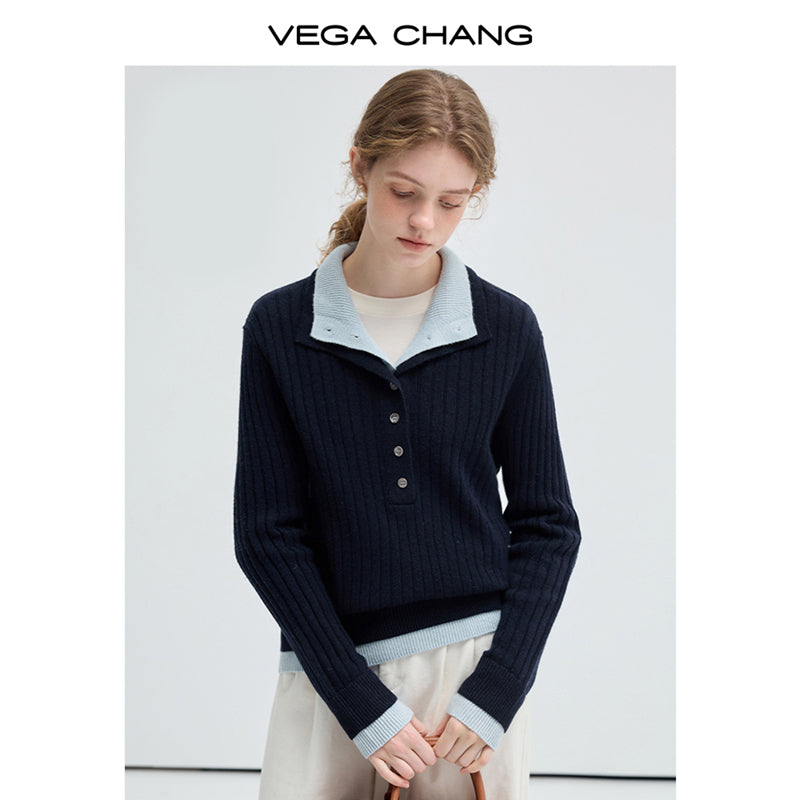 Two-Tone Ribbed Knit Half-Button Top