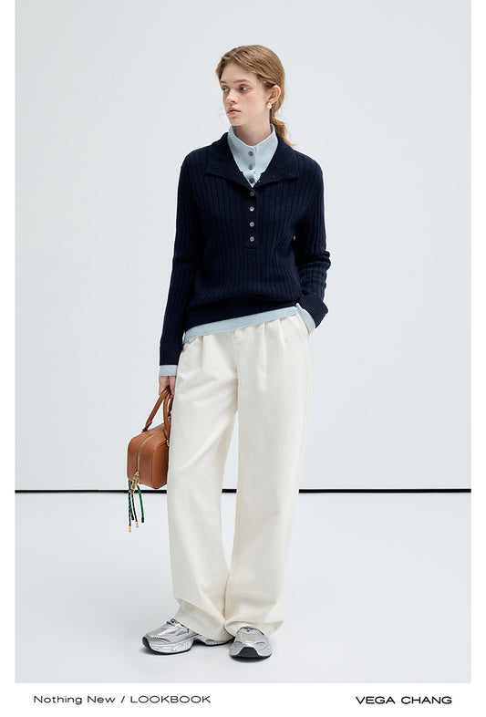 Two-Tone Ribbed Knit Half-Button Top