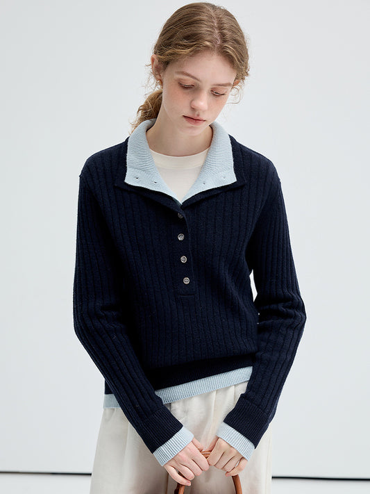Two-Tone Ribbed Knit Half-Button Top