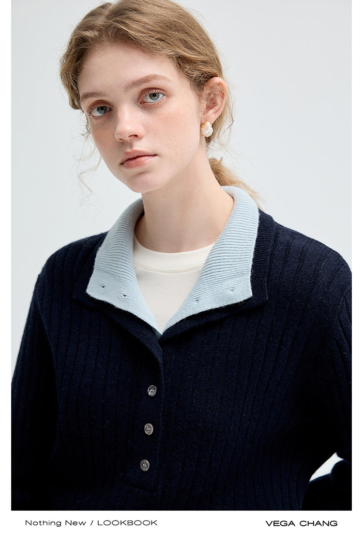 Two-Tone Ribbed Knit Half-Button Top