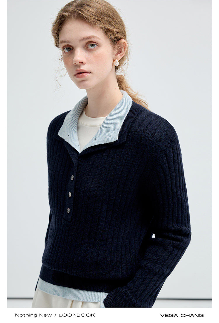 Two-Tone Ribbed Knit Half-Button Top