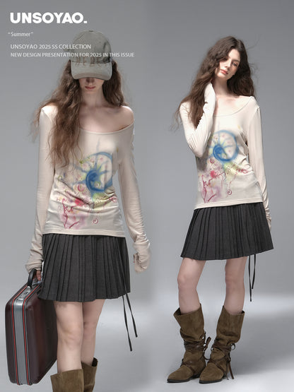 Wide Neck Art Print T-Shirt