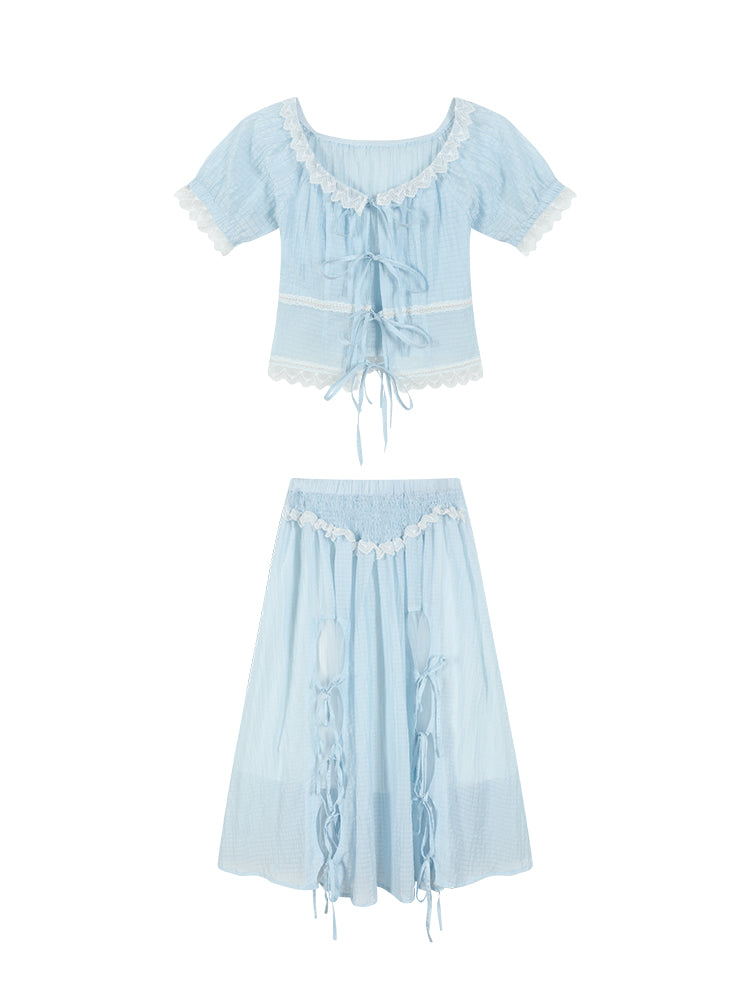 Tie Detail Sheer Blouse, Skirt & Ruffled Camisole