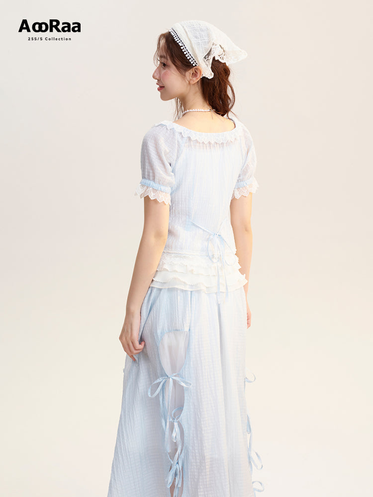 Tie Detail Sheer Blouse, Skirt & Ruffled Camisole