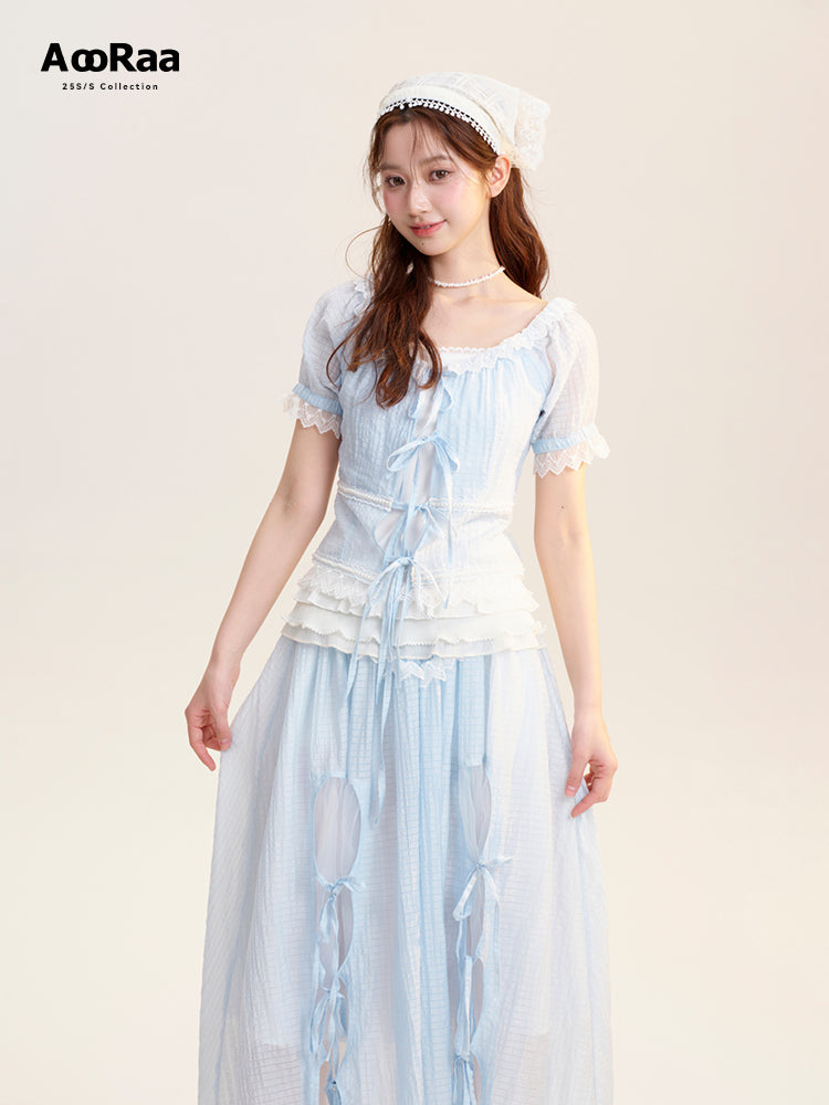 Tie Detail Sheer Blouse, Skirt & Ruffled Camisole