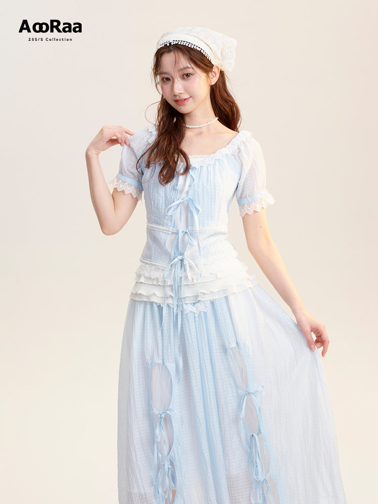 Tie Detail Sheer Blouse, Skirt & Ruffled Camisole