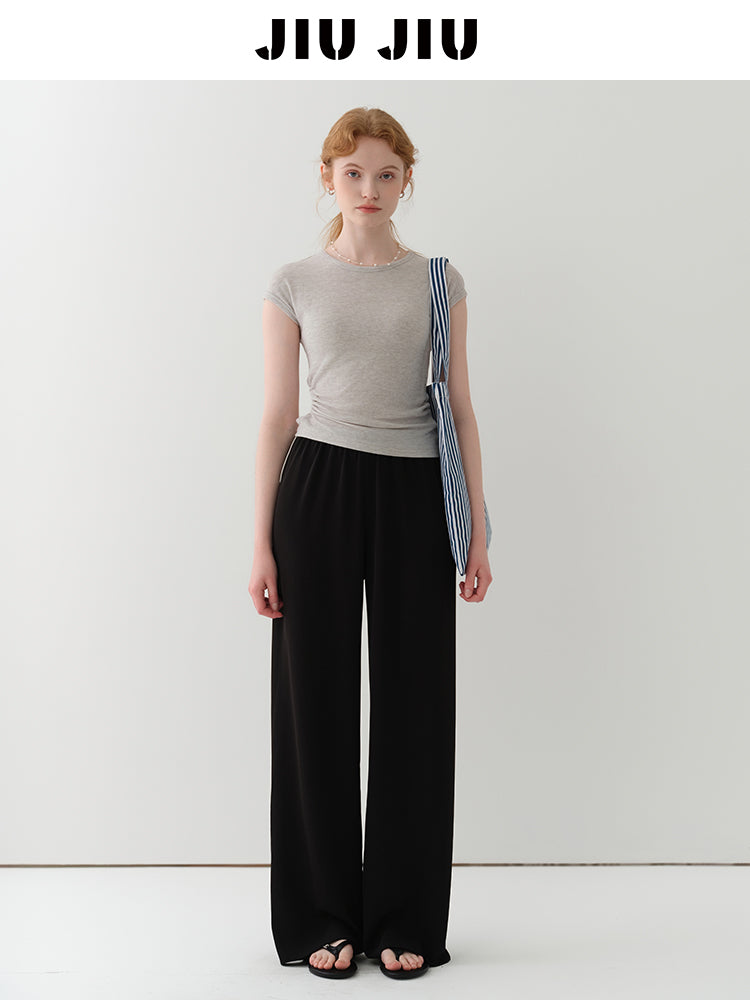 Elastic Waist Flowy Pants With Slimming Effect