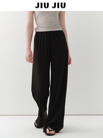 Elastic Waist Flowy Pants With Slimming Effect