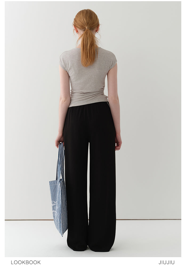Elastic Waist Flowy Pants With Slimming Effect