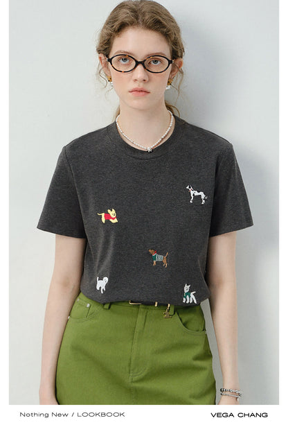 Dog-Embroidered T-Shirt & Cotton A-Line Mini Skirt