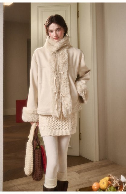 Faux Shearling-Trim Jacket With Lace-Up Front