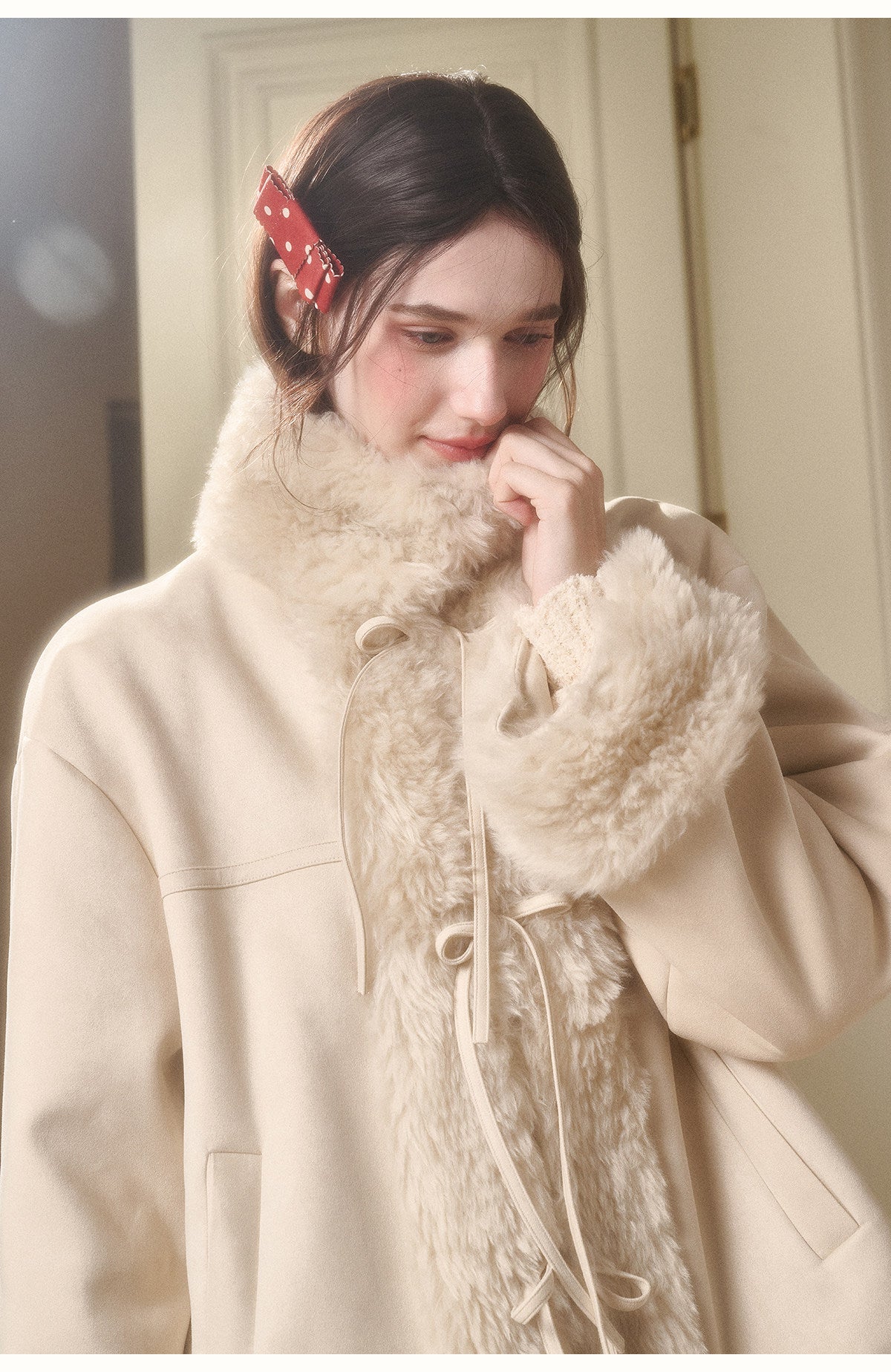 Faux Shearling-Trim Jacket With Lace-Up Front