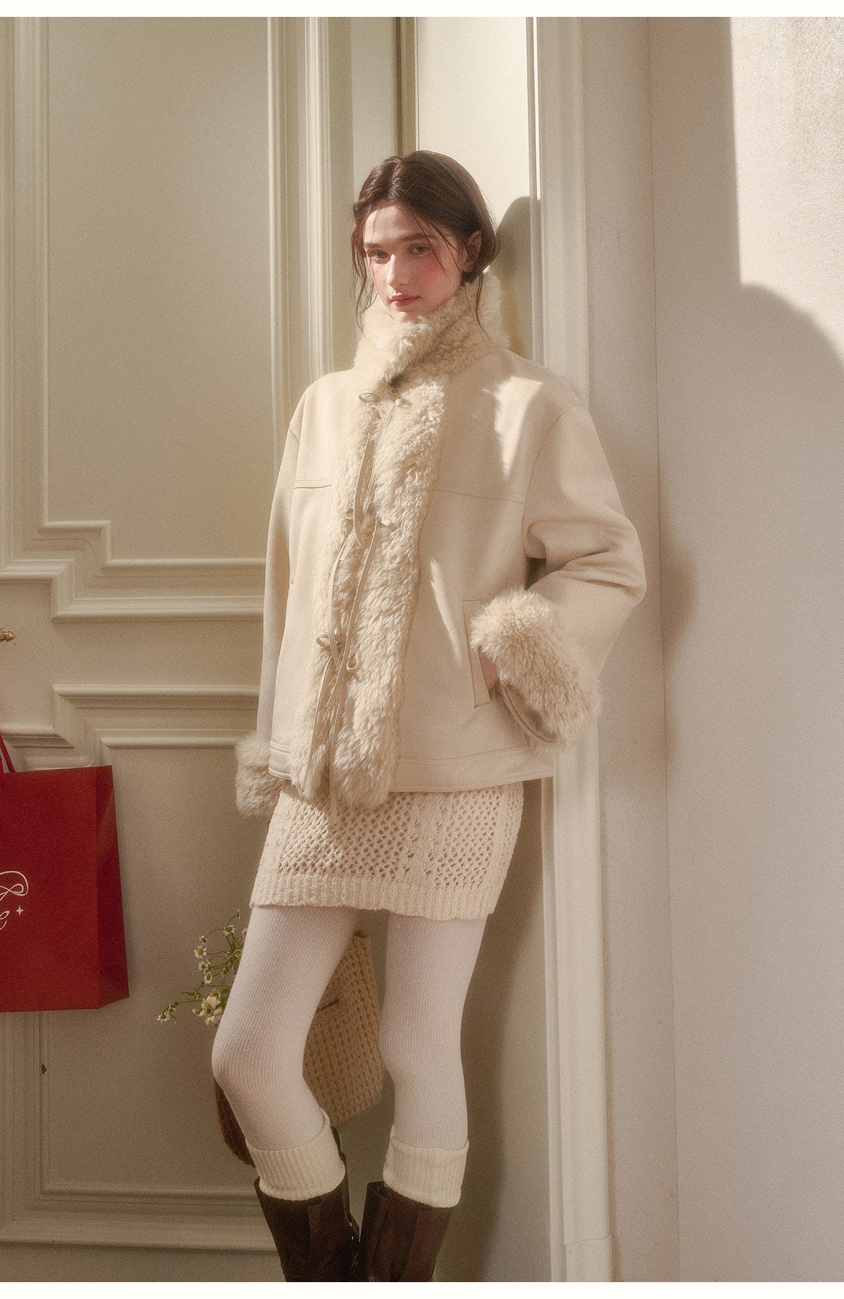 Faux Shearling-Trim Jacket With Lace-Up Front