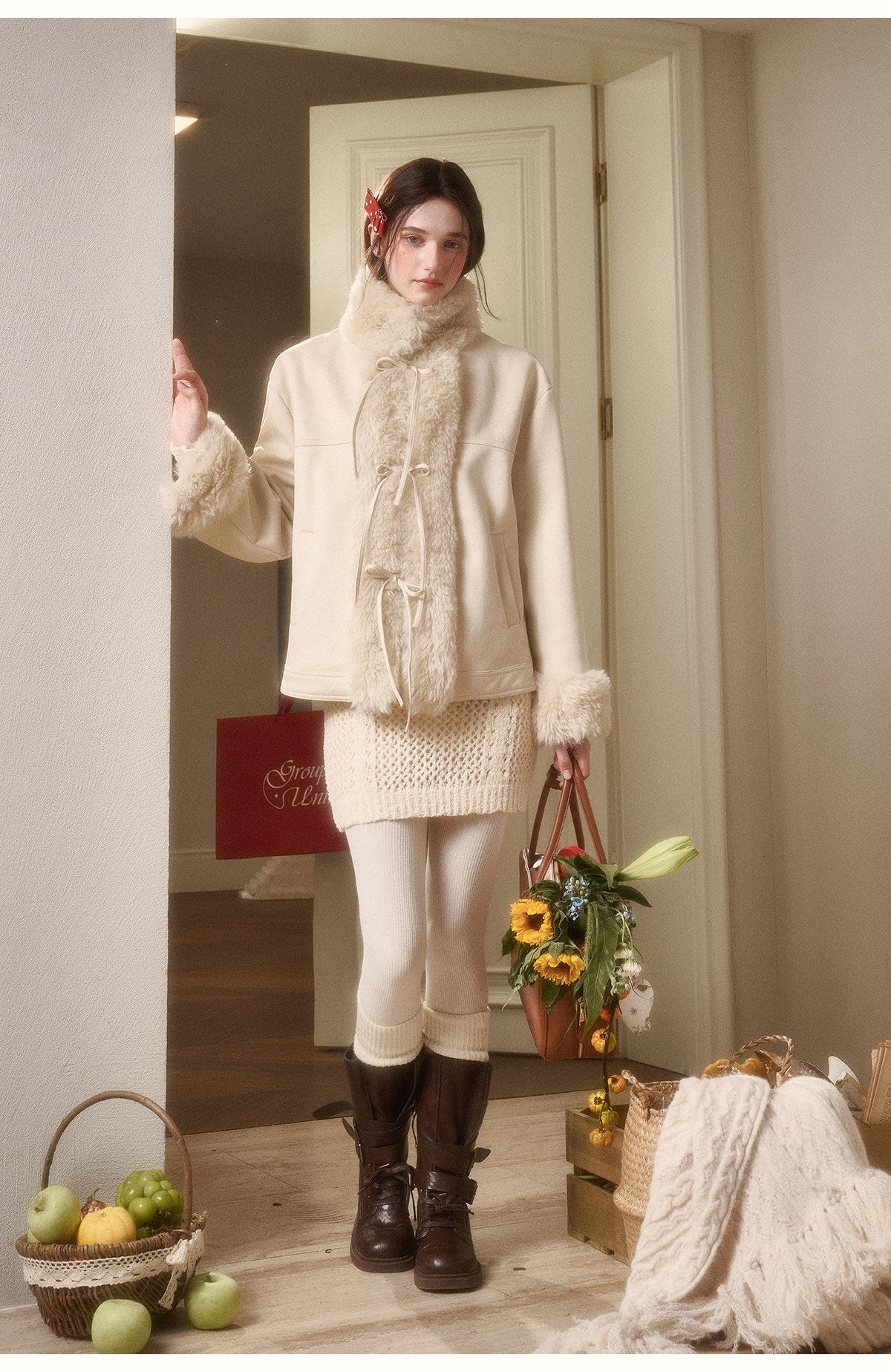 Faux Shearling-Trim Jacket With Lace-Up Front