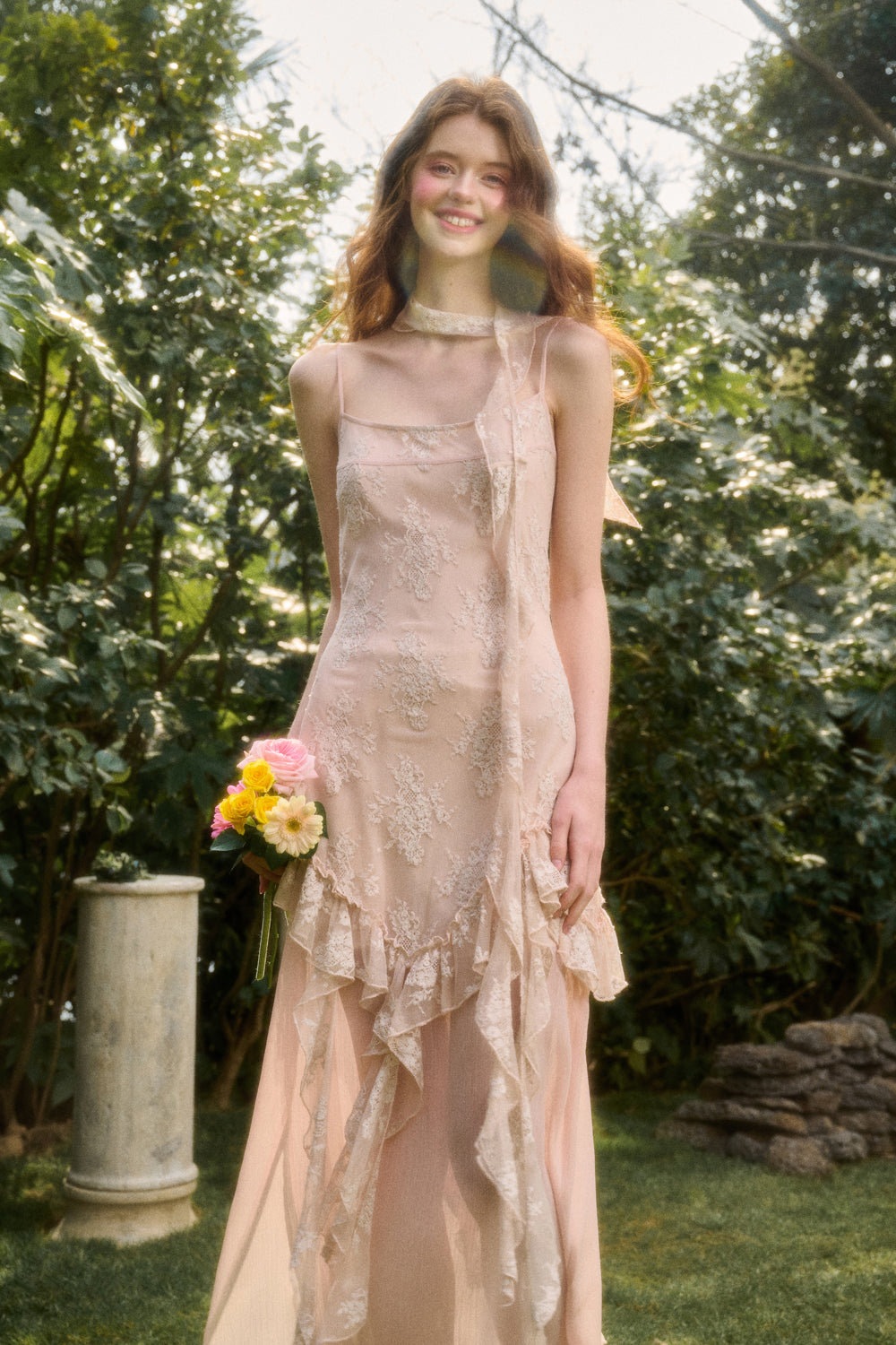 Ruffled Lace Chiffon Slip Dress & Matching Scarf