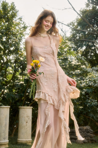 Ruffled Lace Chiffon Slip Dress & Matching Scarf