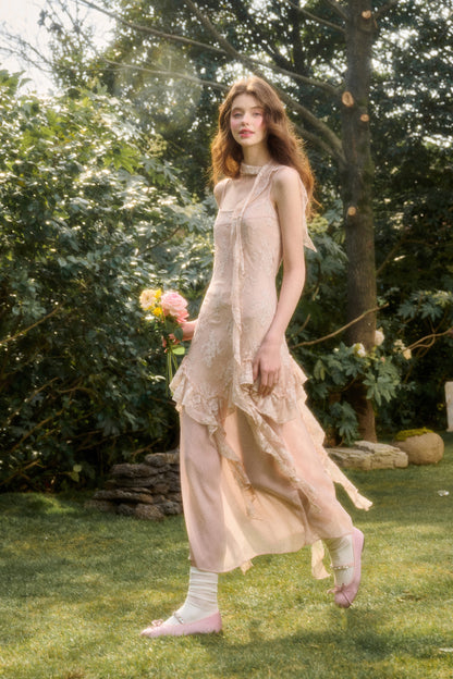 Ruffled Lace Chiffon Slip Dress & Matching Scarf