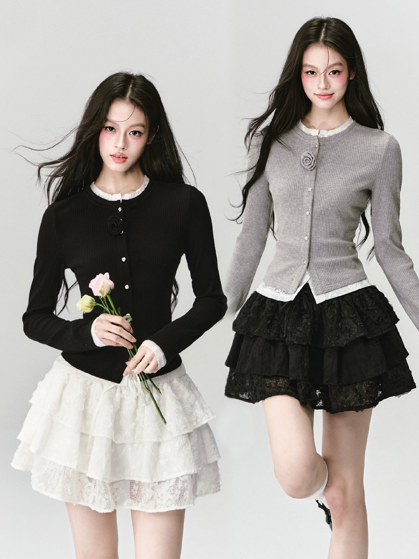 Layered-Look Ribbed Top With Rose Accent