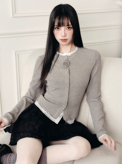 Layered-Look Ribbed Top With Rose Accent