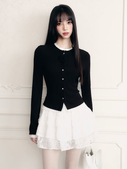 Layered-Look Ribbed Top With Rose Accent