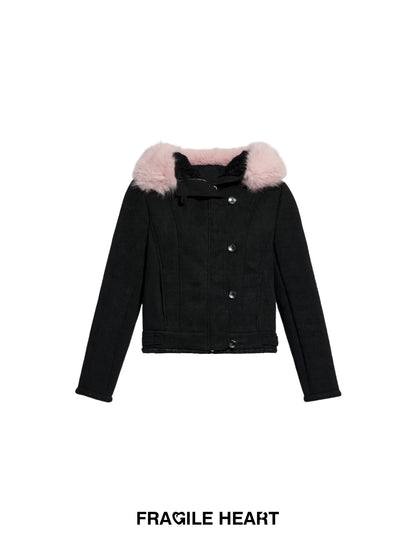 Faux Suede Jacket With Removable Fur Trim