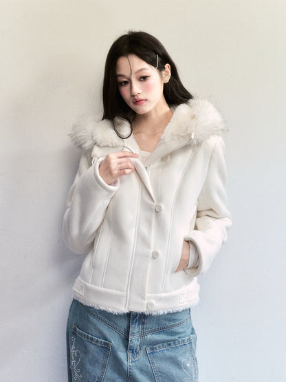 Faux Suede Jacket With Removable Fur Trim