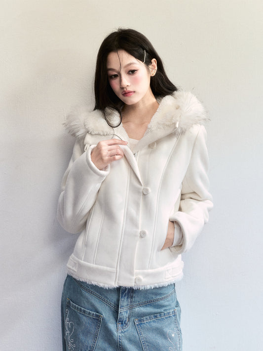 Faux Suede Jacket With Removable Fur Trim