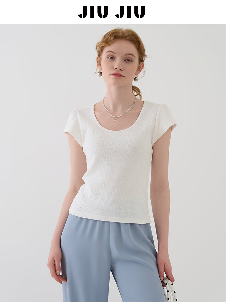 Dainty Pointelle Tee With Puffed Sleeves