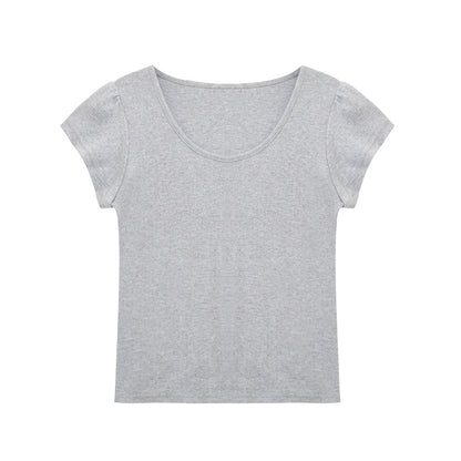 Dainty Pointelle Tee With Puffed Sleeves