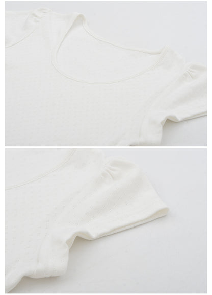 Dainty Pointelle Tee With Puffed Sleeves