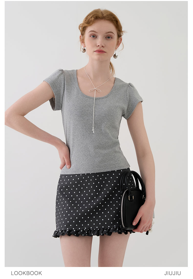 Dainty Pointelle Tee With Puffed Sleeves