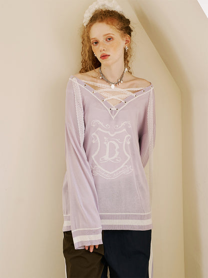 V-Neck Lace-Up Knit Top