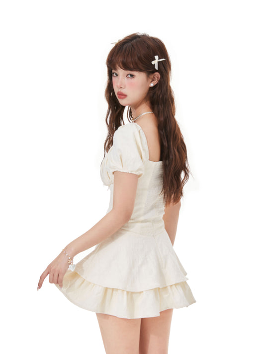 Neutral-Tone Textured Lace-Up Corset Dress
