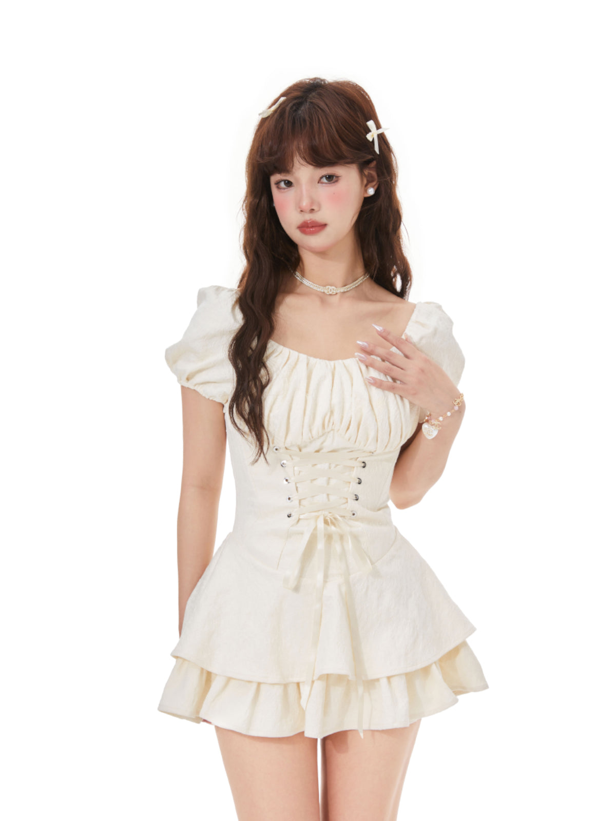 Neutral-Tone Textured Lace-Up Corset Dress
