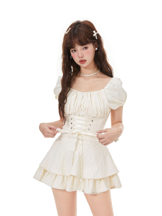 Neutral-Tone Textured Lace-Up Corset Dress