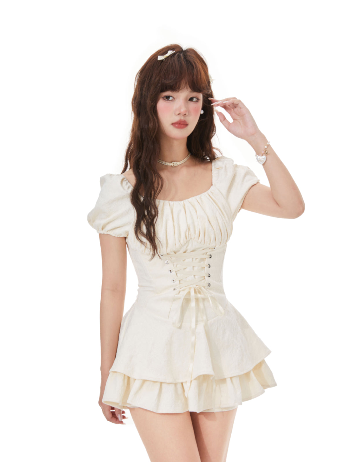Neutral-Tone Textured Lace-Up Corset Dress