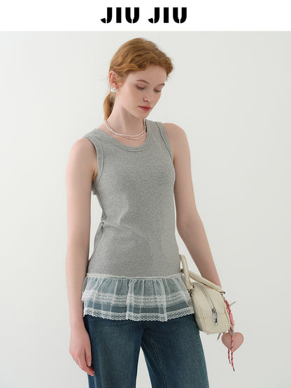 Lace-Trimmed Rib Tank Top