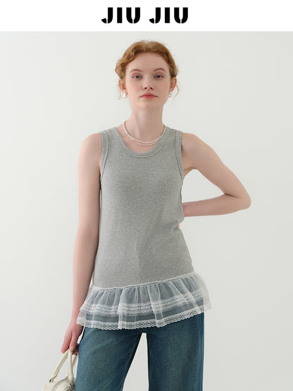 Lace-Trimmed Rib Tank Top