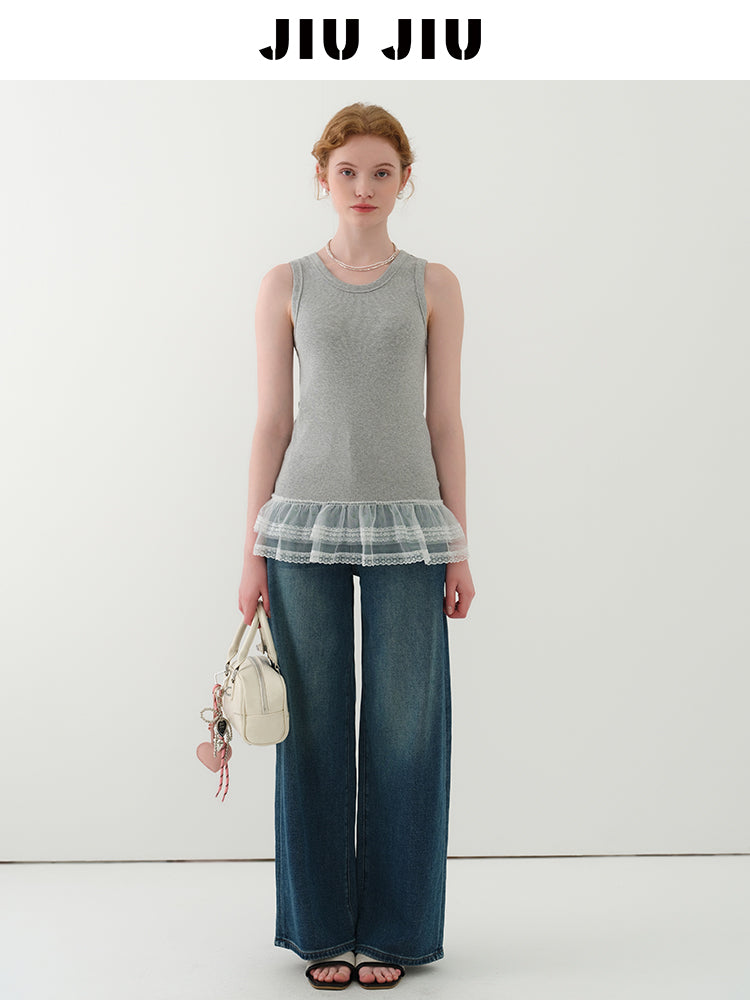 Lace-Trimmed Rib Tank Top