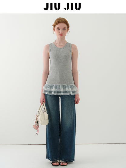 Lace-Trimmed Rib Tank Top