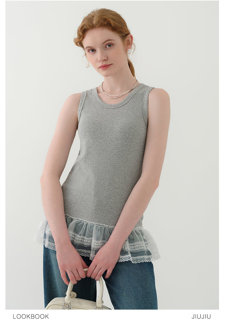 Lace-Trimmed Rib Tank Top