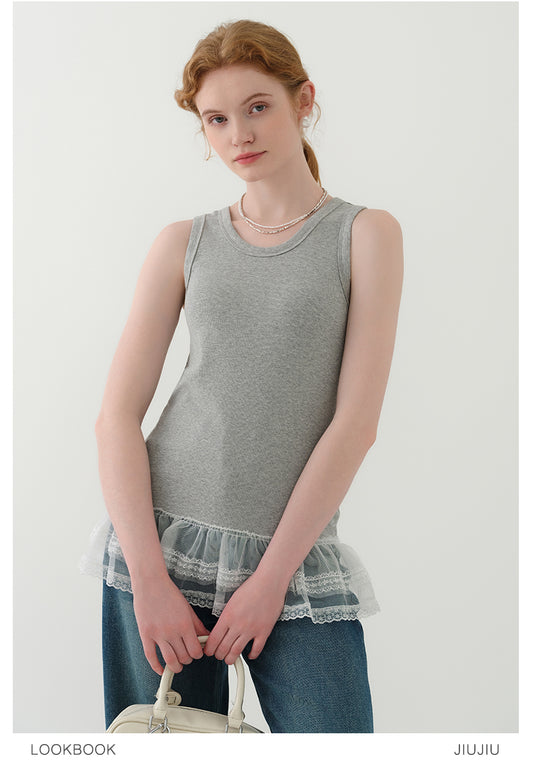 Lace-Trimmed Rib Tank Top