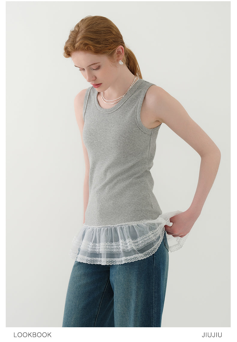 Lace-Trimmed Rib Tank Top