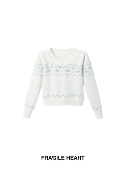 V-Neck Fair Isle Knit Pullover With Bow Motif