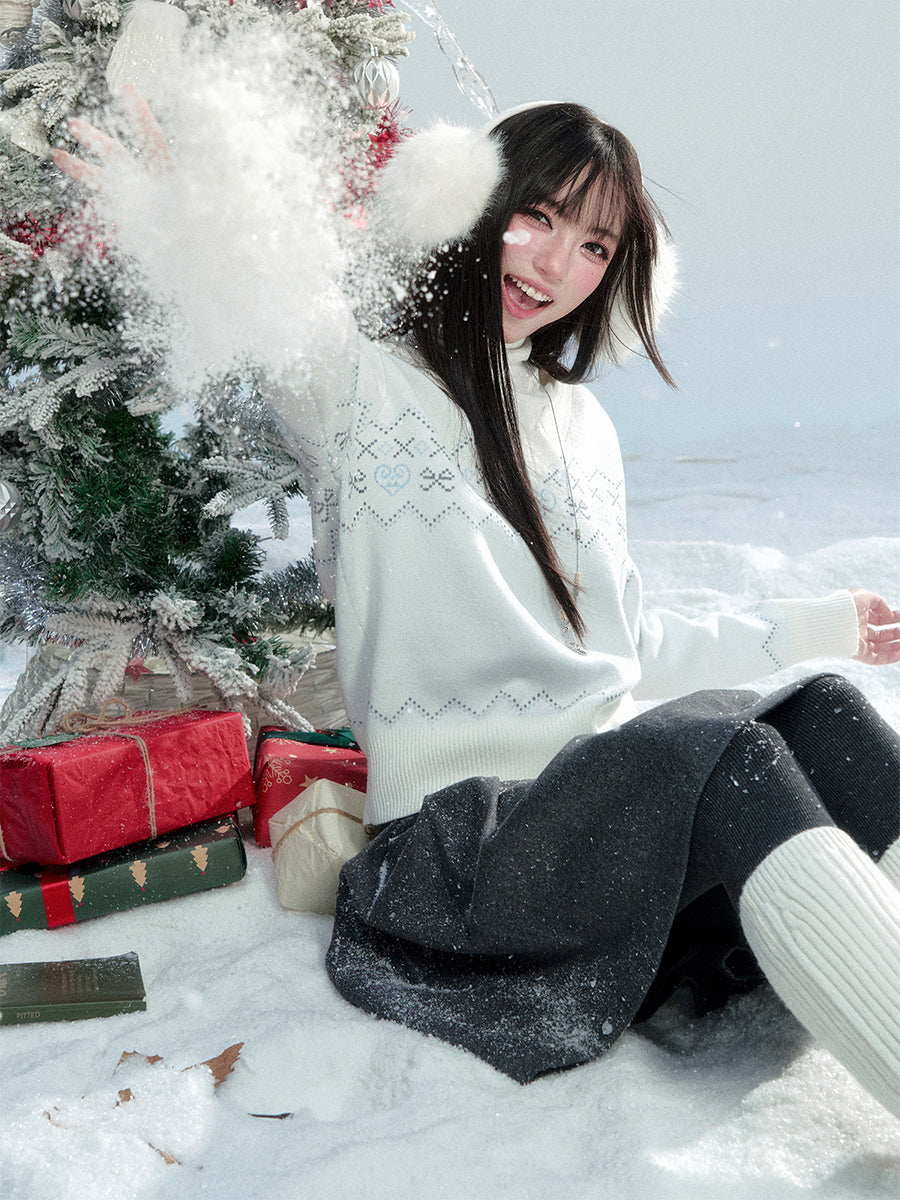 V-Neck Fair Isle Knit Pullover With Bow Motif