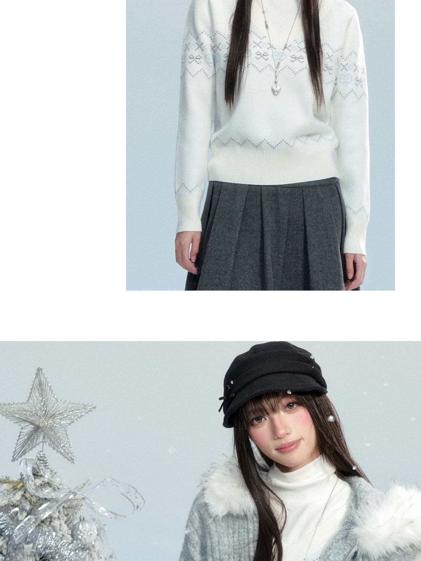 V-Neck Fair Isle Knit Pullover With Bow Motif