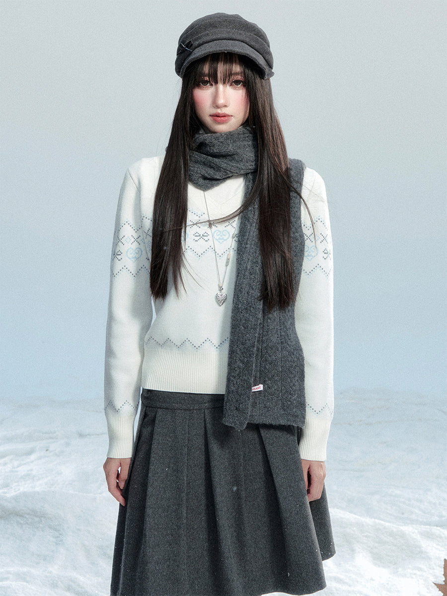 V-Neck Fair Isle Knit Pullover With Bow Motif