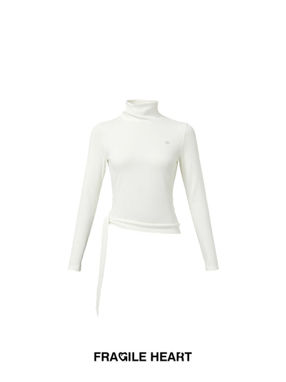 Fitted Ruched High Neck Top With Tie Detail