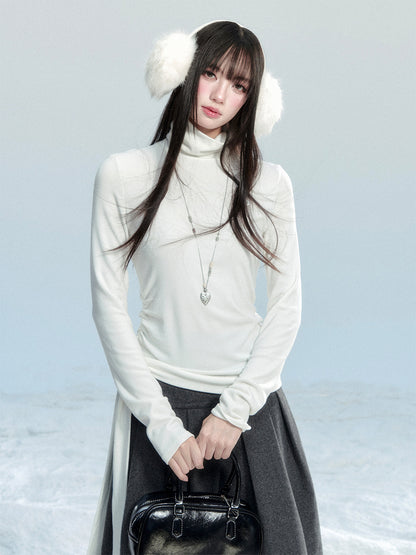 Fitted Ruched High Neck Top With Tie Detail