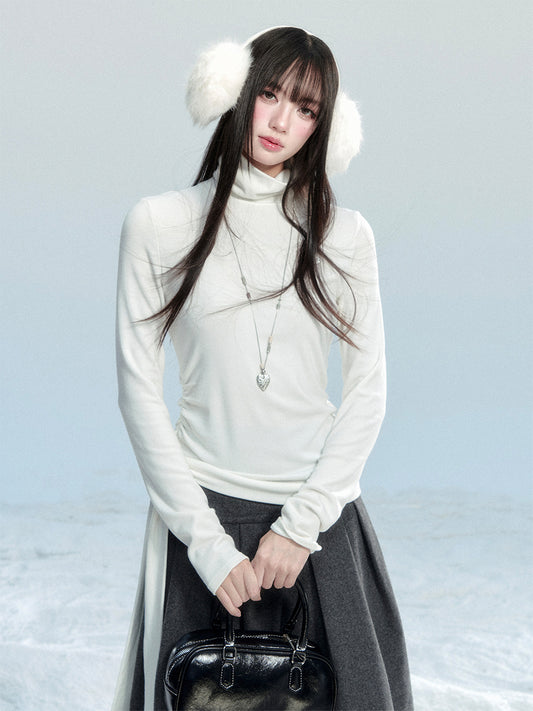 Fitted Ruched High Neck Top With Tie Detail